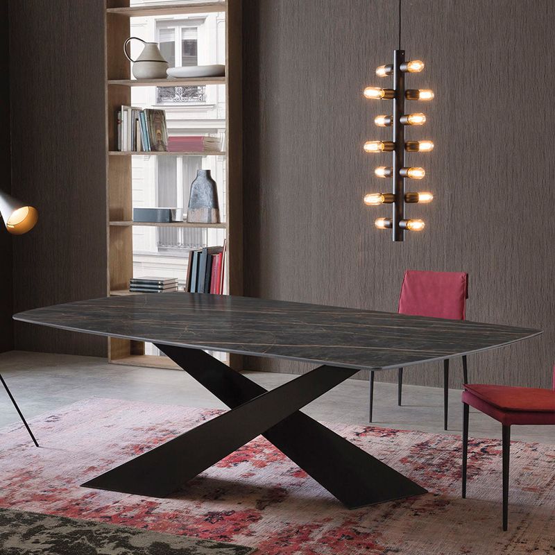 Metal Traditional Luxury Rectangle Table Black Sintered Stone Table with Pedestal Base