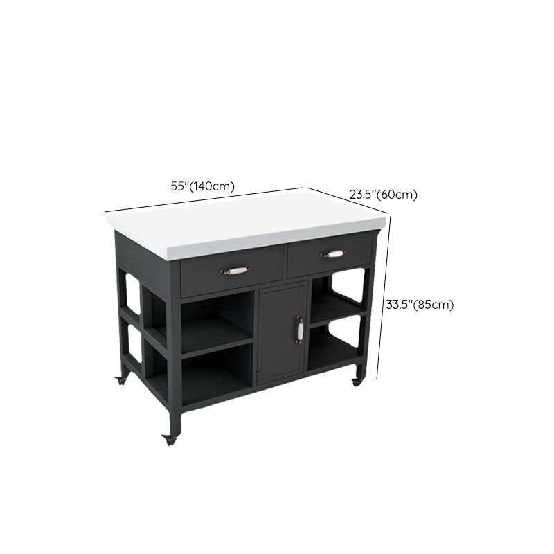 Faux Marble Rectangular Kitchen Island Cart with Black Metal Base