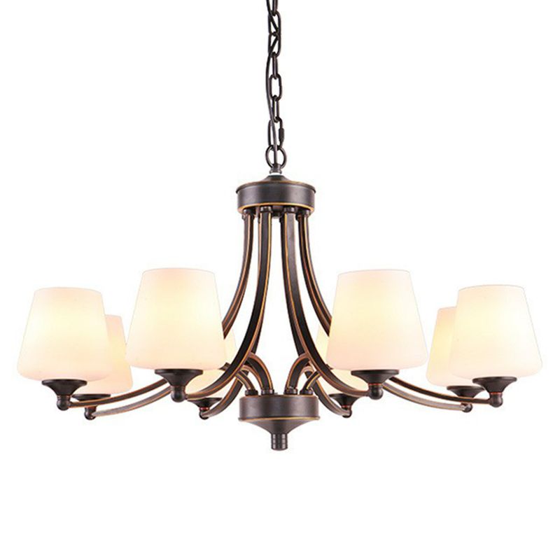 Tapered Shade White Frost Glass Suspension Light Rustic Living Room Chandelier Light