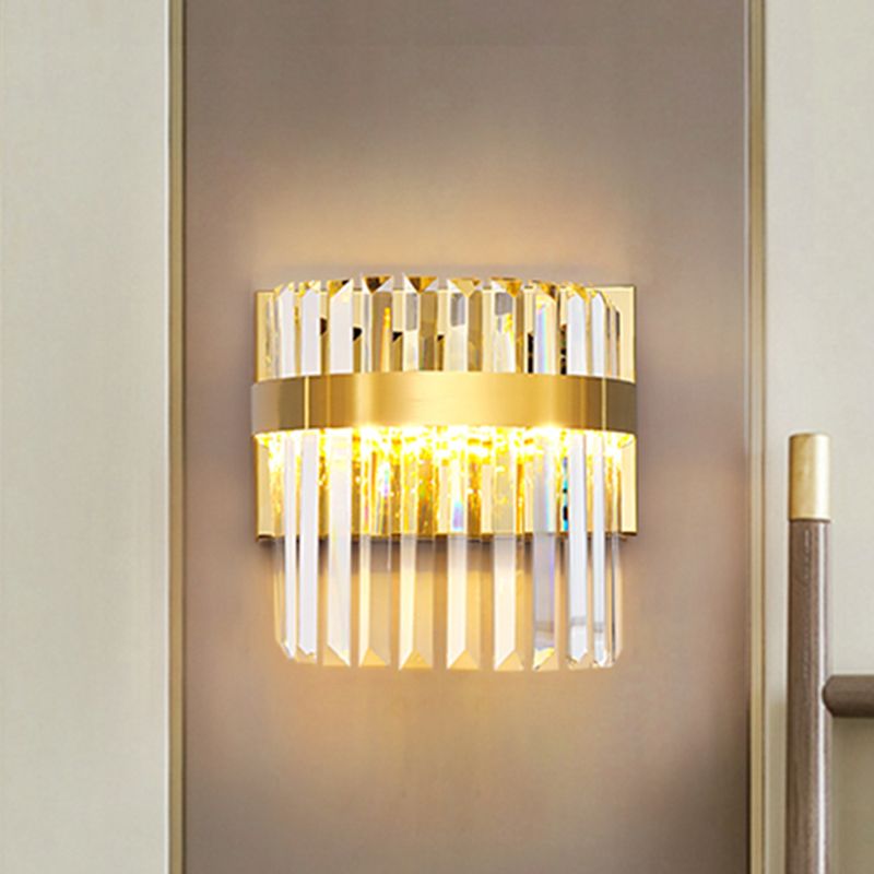 Demilune Cylinder Wall Light Sconce Contemporary Crystal Prism 2 Heads Wall Mounted Lighting in Gold