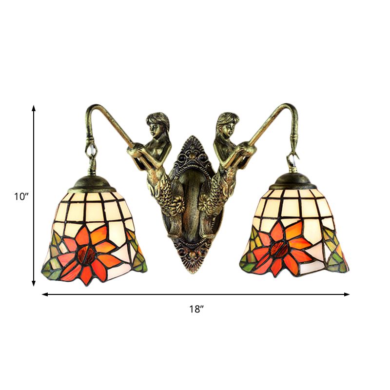 Antique Bronze Bell Wall Mounted Light Tiffany 2 Heads Frosted Glass Mermaid Sconce Light for Bedside