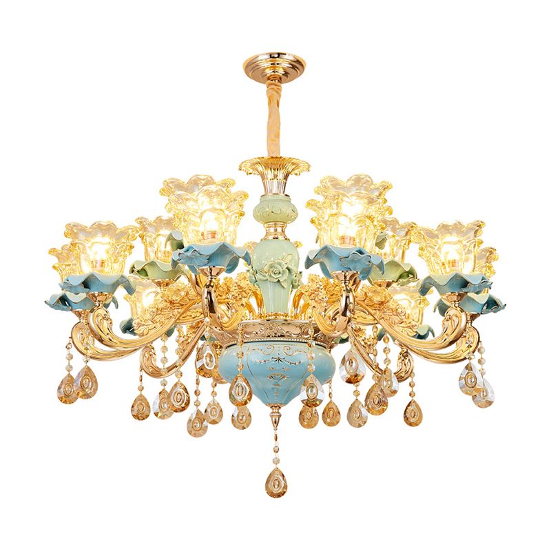 Handblown Glass Blue Chandelier Light Ruffle Flower Retro Pendant Light with Crystal Draping