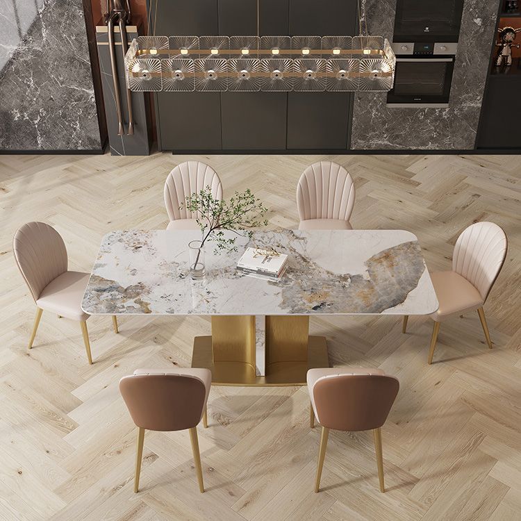 Glam Style Sintered Stone Table Dining Rectangle Table with Metal Legs for Kitchen