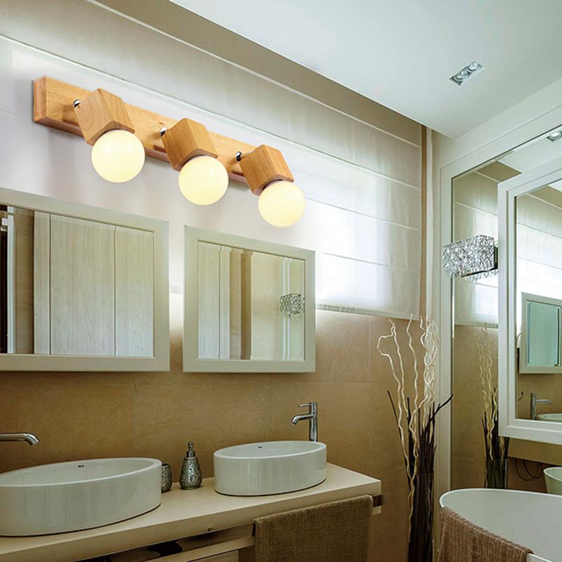 Geometric Shape Wood Vanity Sconce Light Modern Multi-Lights Vanity Mirror Lights in Brown