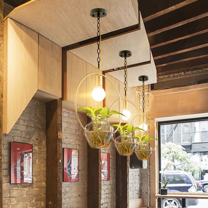 1 Head Metal Ceiling Light Antique White/Gold Round Restaurant LED Down Lighting Pendant with Plant Can Decoration