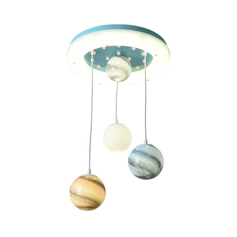 Stained Glass Planet Multi-Pendant Kids 4 Heads Blue Hanging Ceiling Light with Circle Glow Canopy