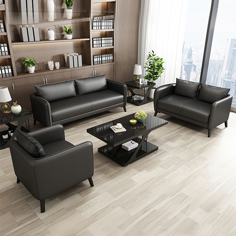 Leather Pillow Back Sofa Stationary Square Arm Seating for Living Room