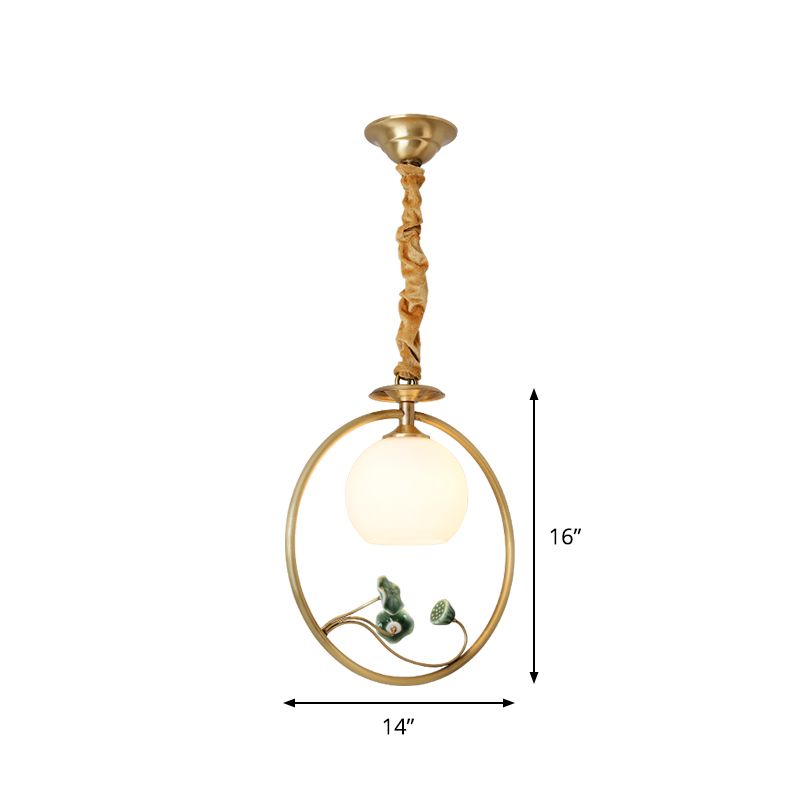 Single Head Globe Pendulum Light Traditional Gold White Glass Suspension Lamp with Ring and Lotus Decor