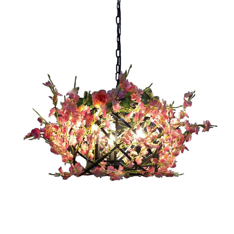 Metal Pink Flower Hanging Chandelier Candle 3 Bulbs Industrial Ceiling Light for Restaurant