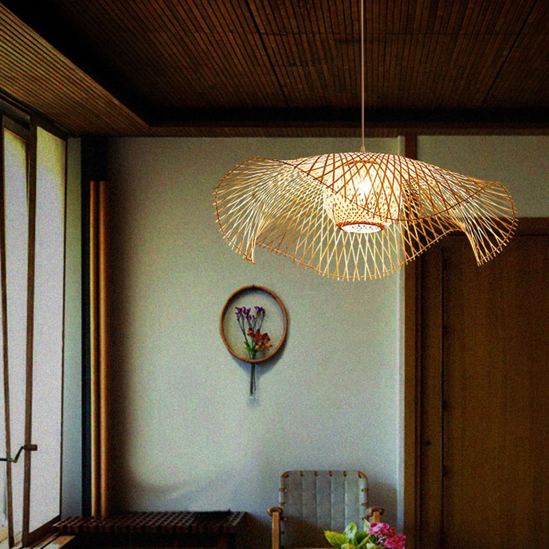 Simplicity Lotus Leaf Suspension Light Bamboo 1-Light Restaurant Pendant Light in Wood