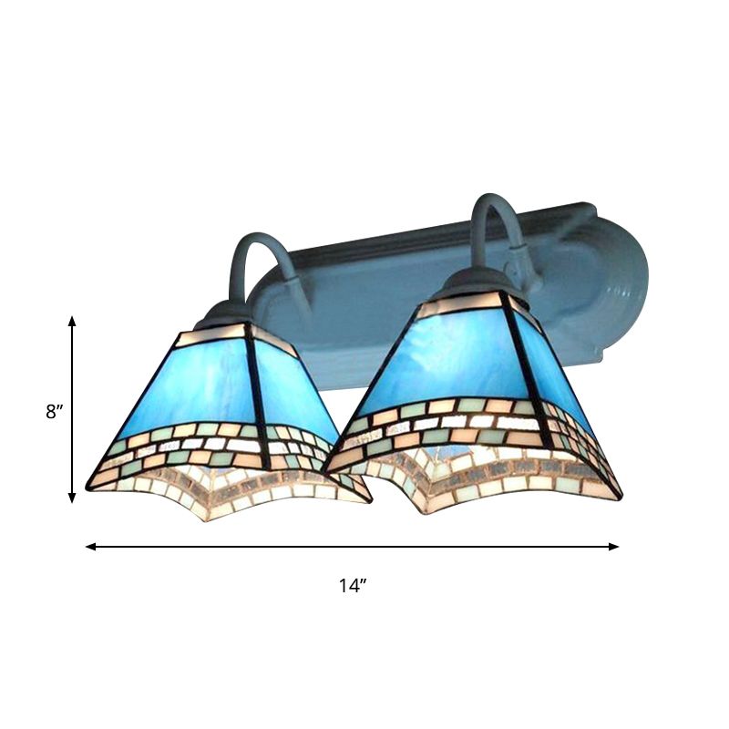 2 Heads Pyramid Wall Lamp with Blue Glass Shade Nautical Wall Mount Light for Bathroom