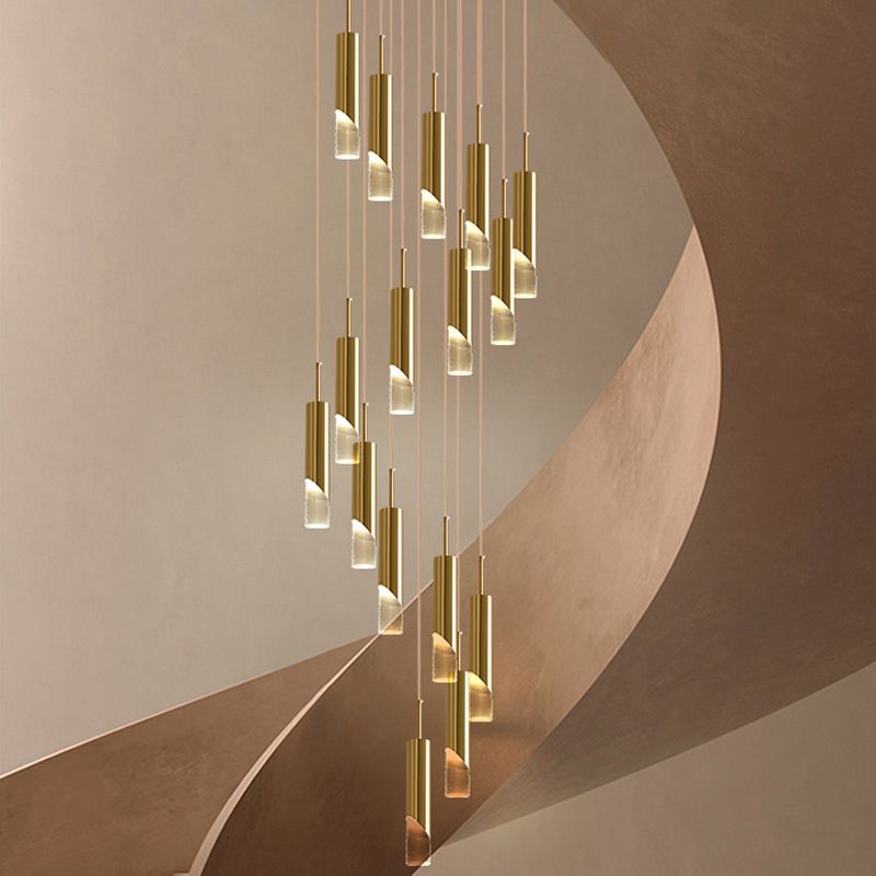 Modern Tube Shape Pendant Gold Metal Multiple Hanging Ceiling Light for Spiral Stair