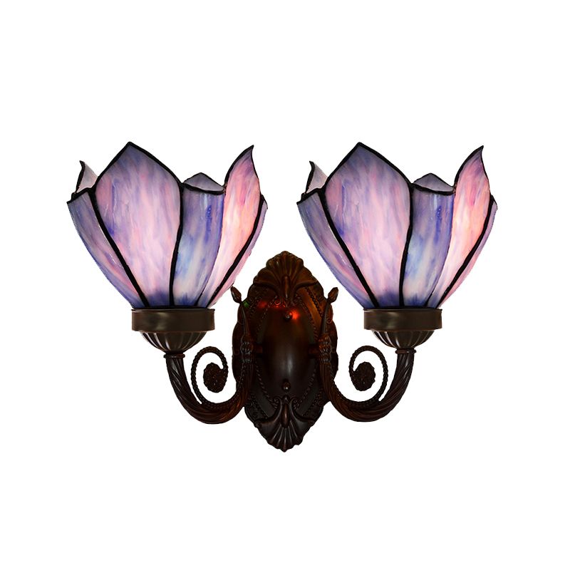 Petal Wall Sconce 2 Lights White/Pink Glass Mediterranean Wall Lighting Fixture with Swirl Arm for Living Room