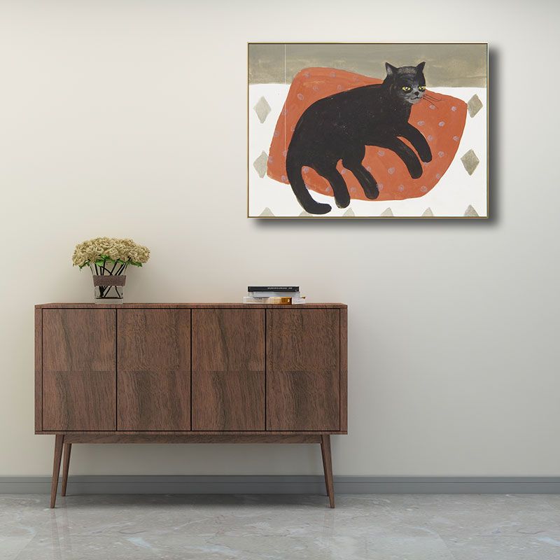 Textured Orange Canvas Art Kids Style Cat Lying on Pillow Painting for Baby Room