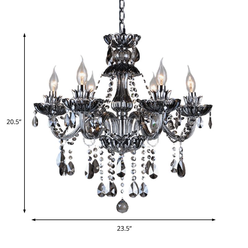 6/8 Lights Candle Chandelier Lighting Vintage Crystal and Glass Hanging Pendant Light with Curved Arm in Smoke Grey