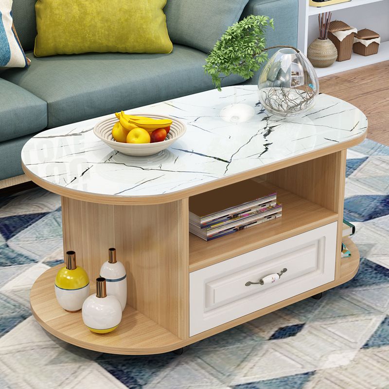 modern oval gals top coffee table with shelf and drawer and Casters
