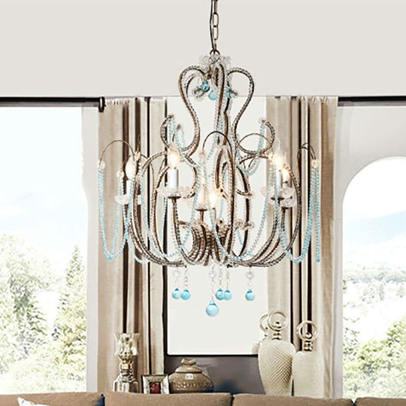 Vintage kaarslicht met licht Royal Blue Crystal Bead 6 Lights Chandelier Lamp voor slaapkamer