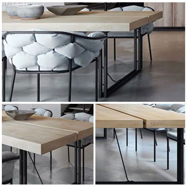 Mesa de comedor industrial rectangular Mesa de madera maciza de pino con pedestal doble negro