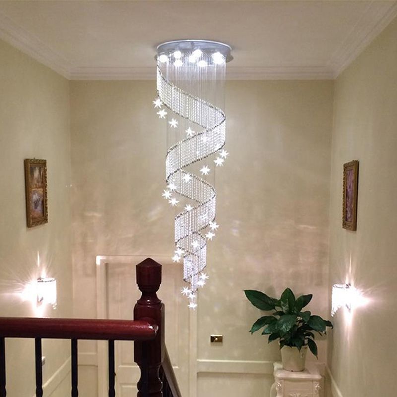 Iluminación colgante de cristal espiral lujosa luz de techo de led cromo moderno para escaleras