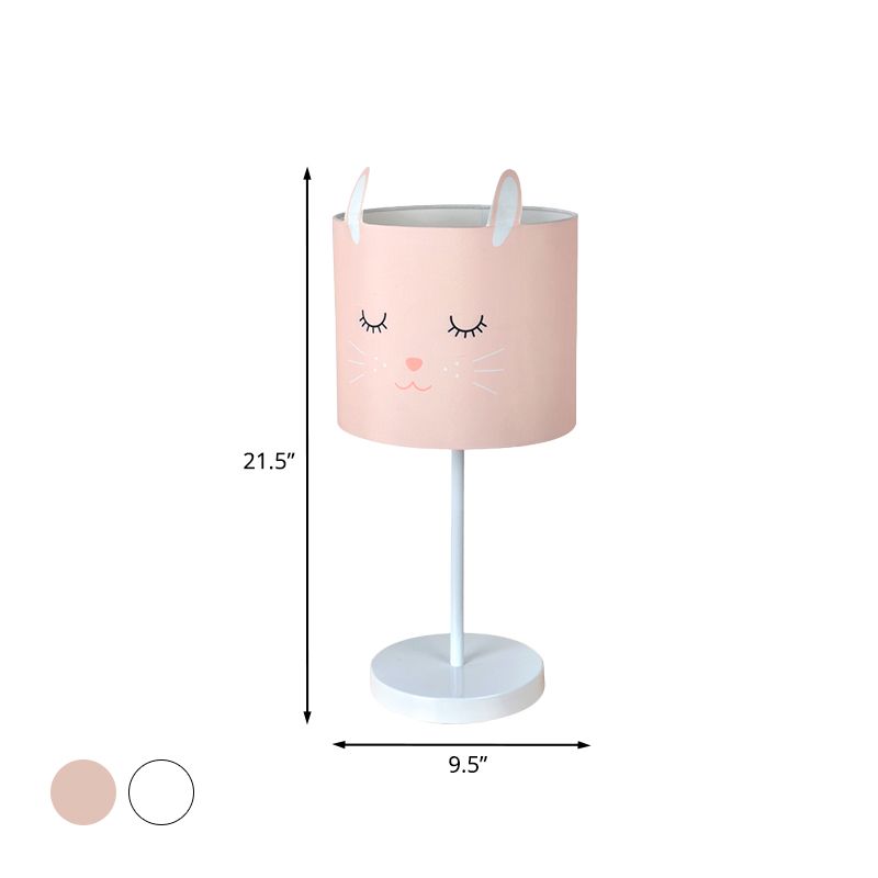 Lámpara de mesa de tambor contemporánea 1 luz de dormitorio ligero con patrón de conejo en blanco/rosa