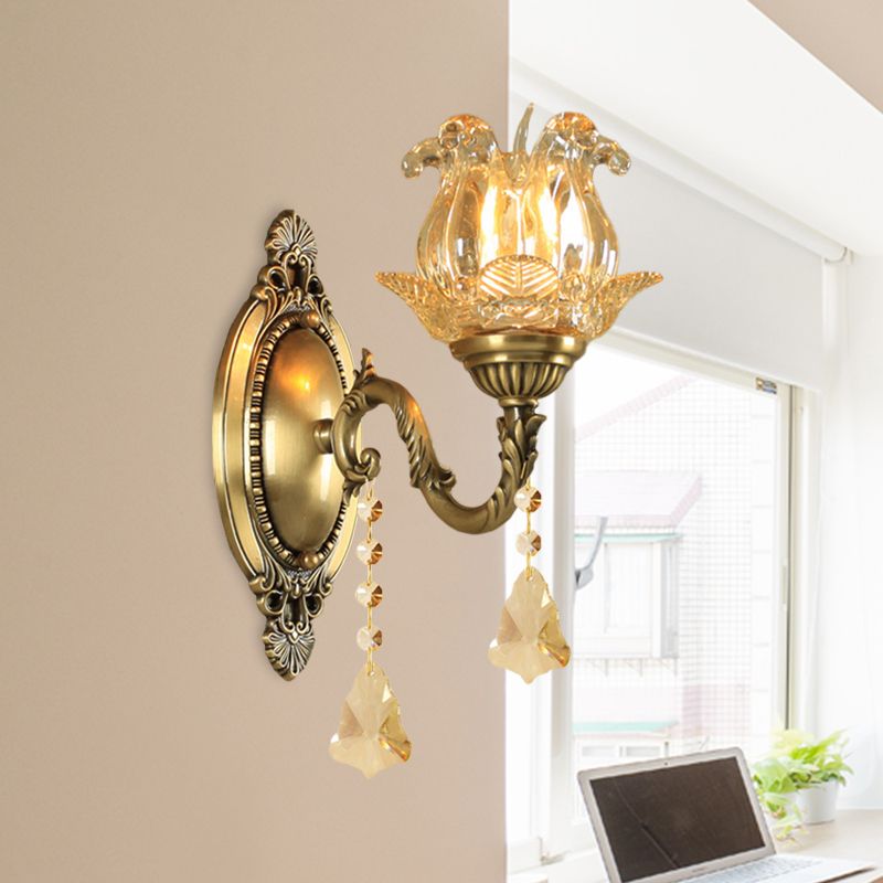 Traditional Semi-Open Flower Sconce 1/2-Light Clear Glass Wall Mount Lighting in Brass
