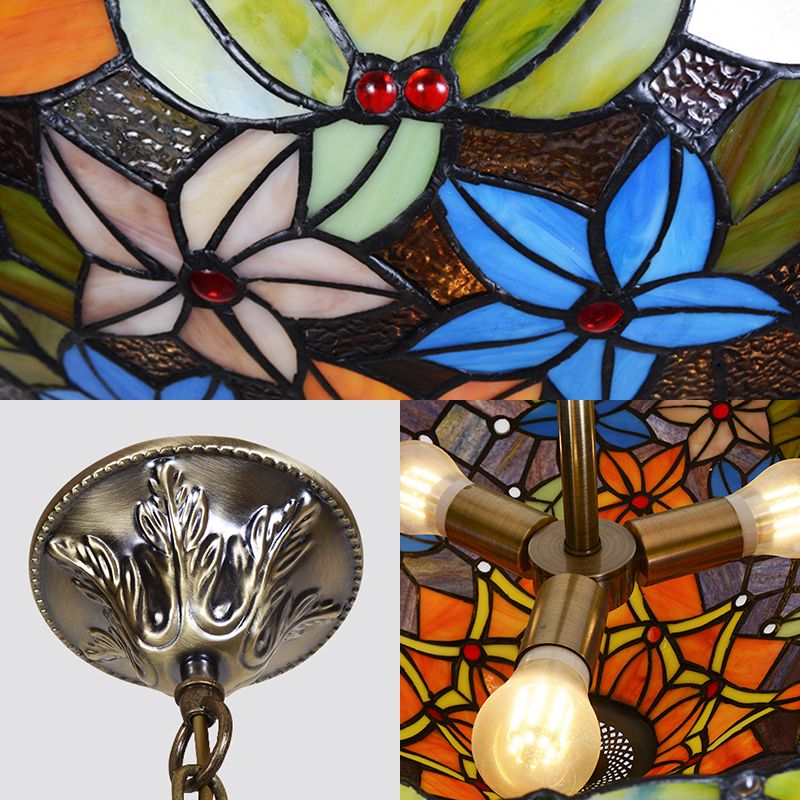 Floral Hanging Light Fixture 3 Bulbs Stained Glass Tiffany Lodge Ceiling Chandelier Light in Antique Brass Finish