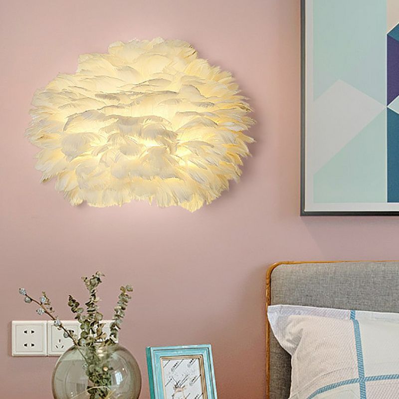 White Floral Wall Mount Light Minimalist 1 Head Feather Sconce Fixture for Bedroom