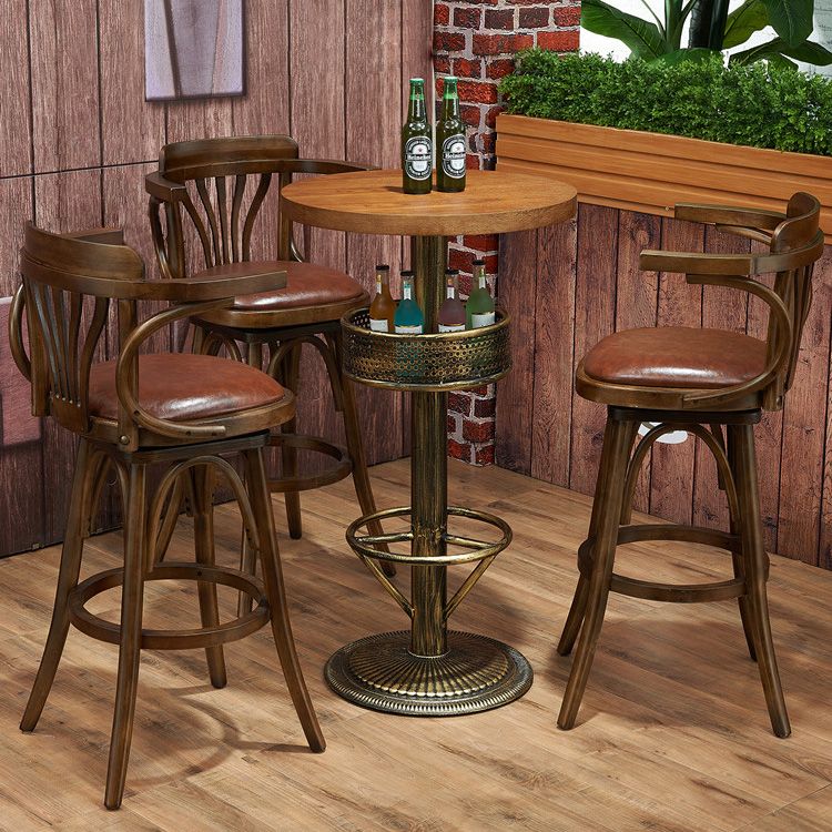 Industrial Solid Wood Bar Table Set 1/3/4/5 Pieces Counter Table with High Stools