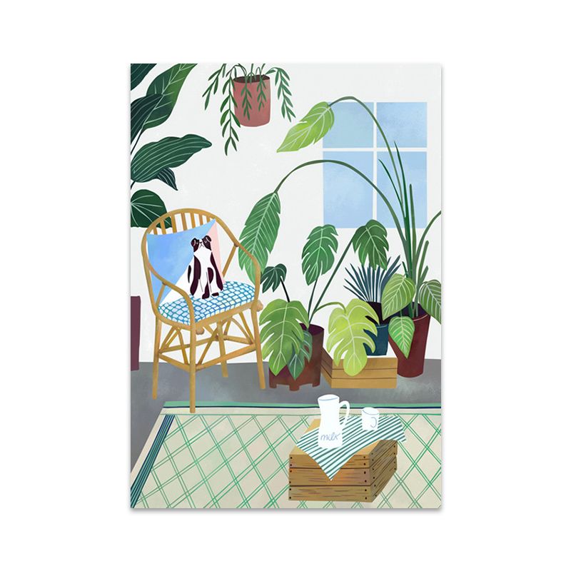 Cat Wrapped Canvas Simplicity Relaxing Potted Plant Wall Art Decor in Green for Parlor