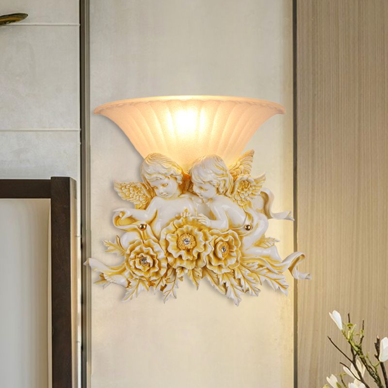 1-Head Wide Bowl Wall Light Rustic Gold/Beige Opal Fluted Glass Wall Mounted Lamp with Dual Angels Decor