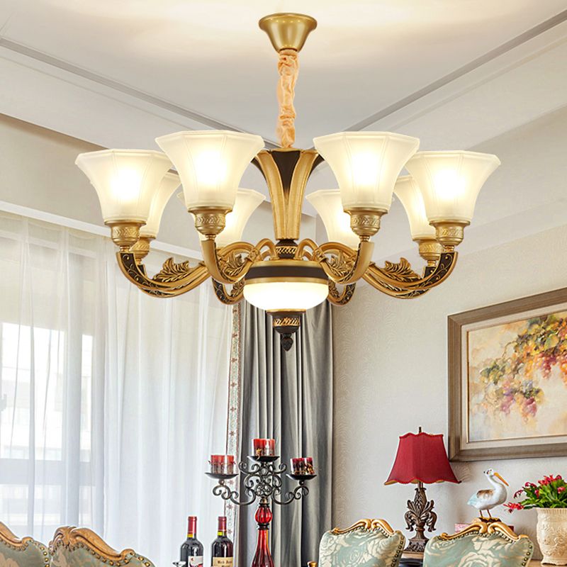 Retro -stijl wijd uitlopende ophanging lichte crème matglas kroonluchter licht voor woonkamer