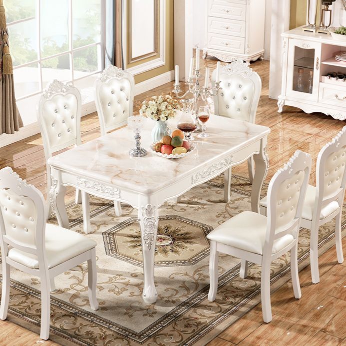 Victorian Style Marble Dining Set with White Rectangle Shape Table and 4 Legs Base for Home Use