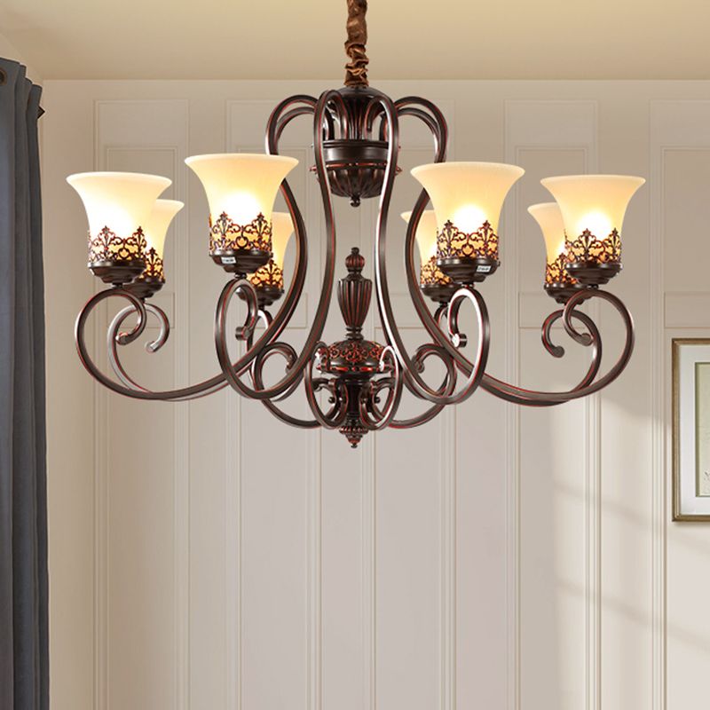 Red-Black Flared Shade Ceiling Lighting Traditional Frosted Glass Living Room Chandelier Light Fixture