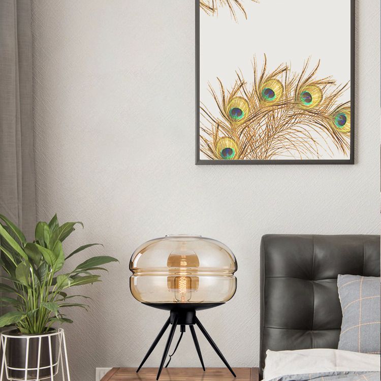 Black Drum Indoor Table Lamp in Modern Creative Style Wrought Iron Table Light with Glass Shade