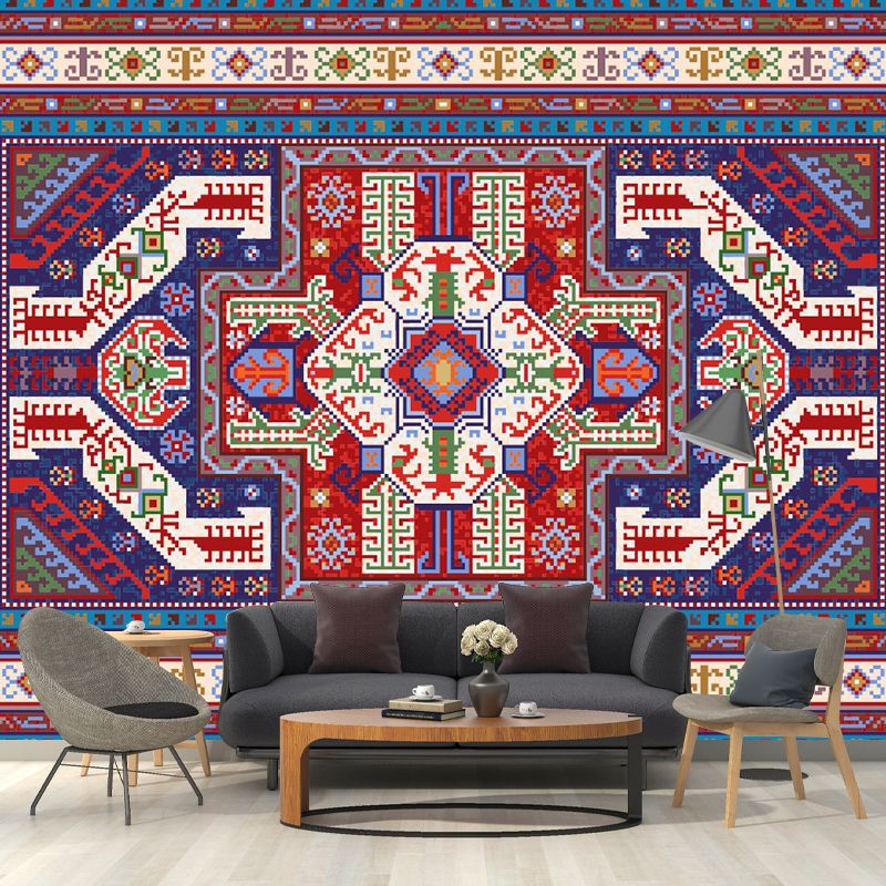 Symmetry Abstract Pattern Mural Decal Bohemian Non-Woven Wall Covering in Red-Blue