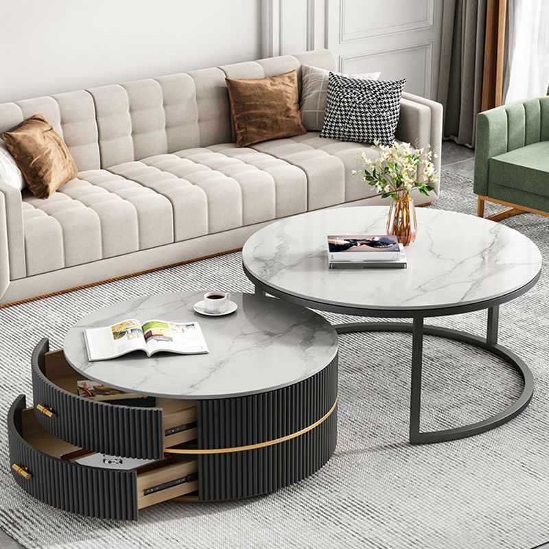 Round Slate Coffee Table Set Frame Cocktail Table with 2 Storage Drawers