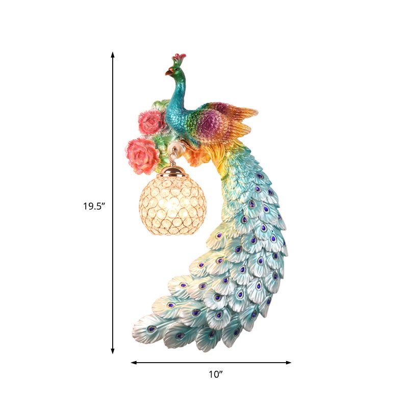 1/2-Pack Blue/Green Peacock Wall Light Fixture 8"/10" Wide 1 Head Retro Style Resin Wall Lamp with Crystal Global Shade, Left/Right