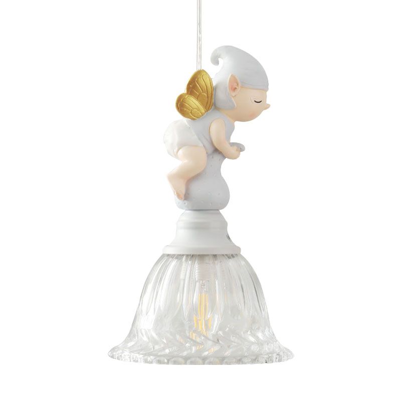 Clear Glass Bell Drop Pendant Cartoon 1 Light White Hanging Light Fixture with Butterfly Fairy Decor