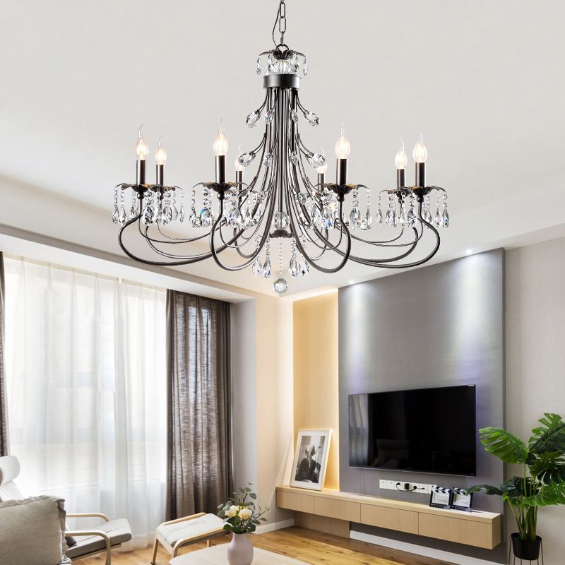 Black Curving Chandelier Lamp Farmhouse Metal Living Room Crystal Pendant Lighting with Candle Design