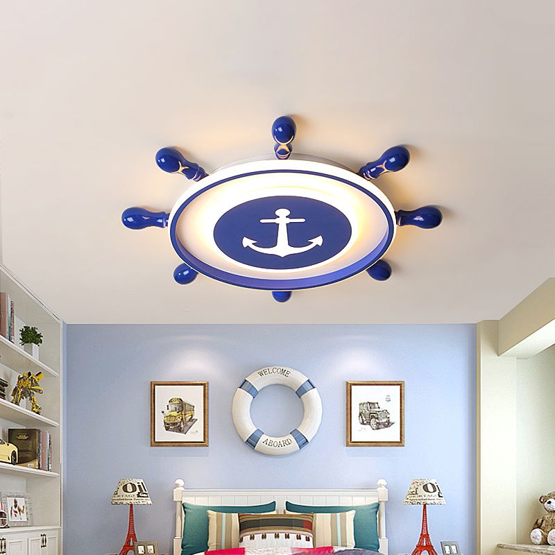Lámpara de techo empotrada LED mediterránea, accesorio de iluminación de montaje empotrado con timón azul y pantalla acrílica, 16"/19,5" W