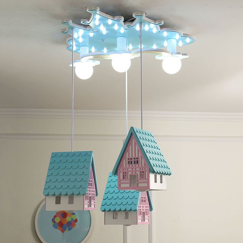 Blue House Semi Flush Mount Cartoon 3-Bulb Wooden Flushmount Lighting for Kids Bedroom