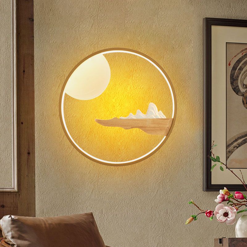 Mountain and Full Moon Wall Mural Light Asia Wooden Black/Beige LED Sconce Lighting for Hotel
