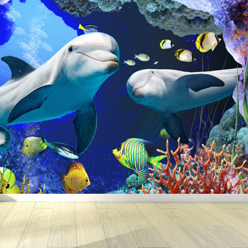 Undersea World Scene Mural Decal Children's Art Non-Woven Textured Wall Decor in Blue