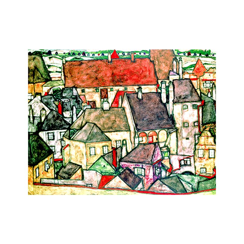 Green Kids Wall Art Decor Egon Schiele Yellow Town Painting Canvas Print for Bedroom