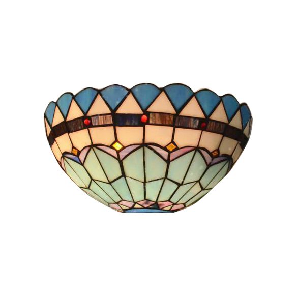 Baroque Bowl Wall Mount Light with/without Pull Chain Stained Glass 1 Light Wall Sconce Lighting in Blue