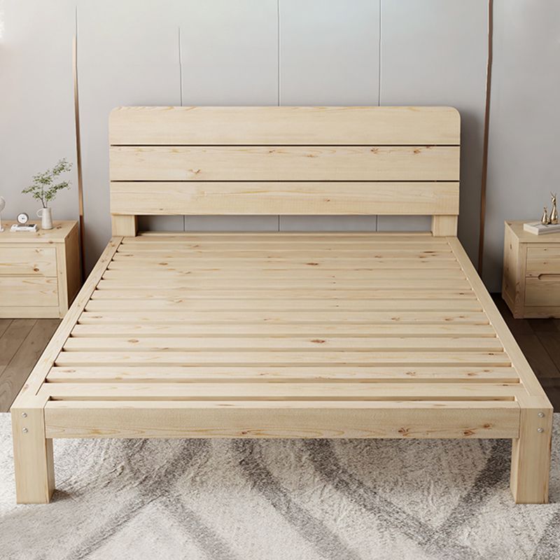 Scandinavian Wood Standard Bed, Slat Rectangular Headboard Bed