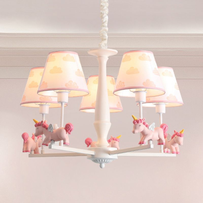 Patterned Fabric Tapered Chandelier Pendant Light Cartoon Pink Hanging Light with Unicorn Decor
