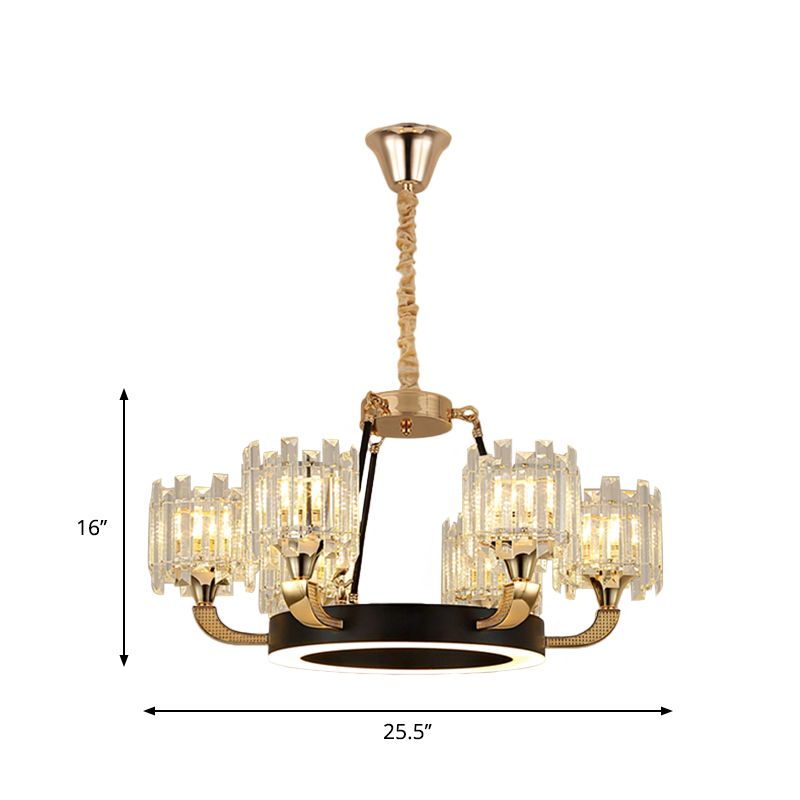 Black and Gold 6 Bulbs Pendant Chandelier Traditional Crystal Cylinder Shade Ceiling Light