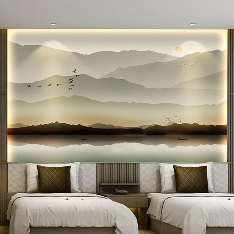 Personalized Illustration Traditional Wall Mural for Bedroom with Mountain and River Design in Grey