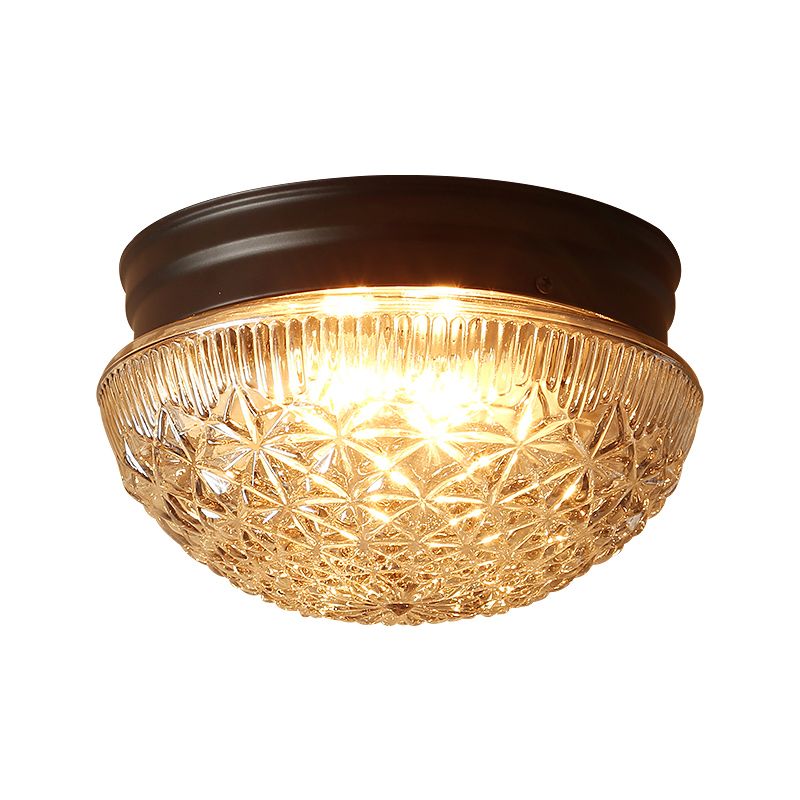Clear Textured Glass Dome Flushmount Industrial 2 Bulbs Flush Ceiling Light in Matte Black